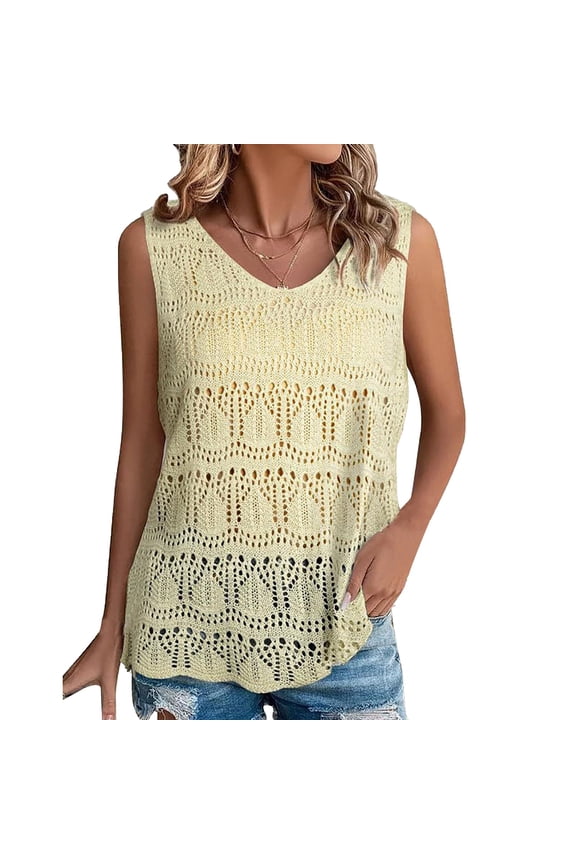 Sleeveless Tops for Women Crochet Tank Tops for Women Crew Neck Raglan Tank for 2024 Trendy Crochet Shirts Sweater Vest Sleeveless Summer Tops for Women’s Tops Yellow XL