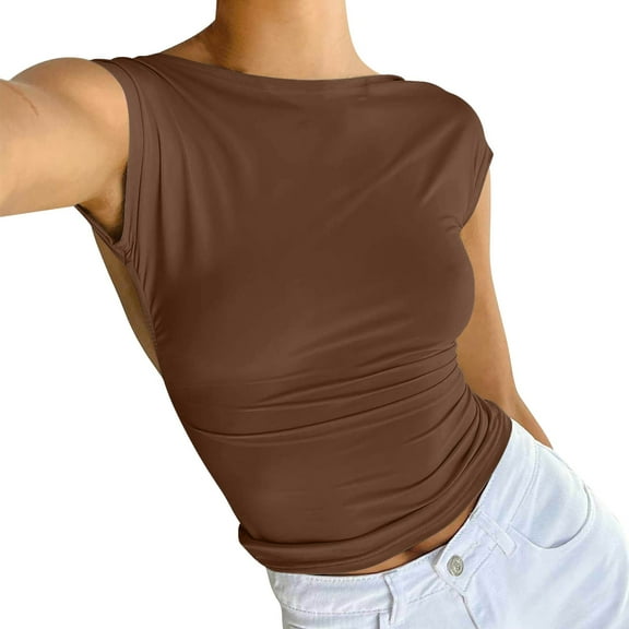 MESSUEN Sleeveless Tops for Women Crop Tops for Women Funnel Neck Crop Backless Short Sleeve Crop Crew Neck Crop Tee Summer Sleeveless Tops for Women Womens Blouses Casual E S