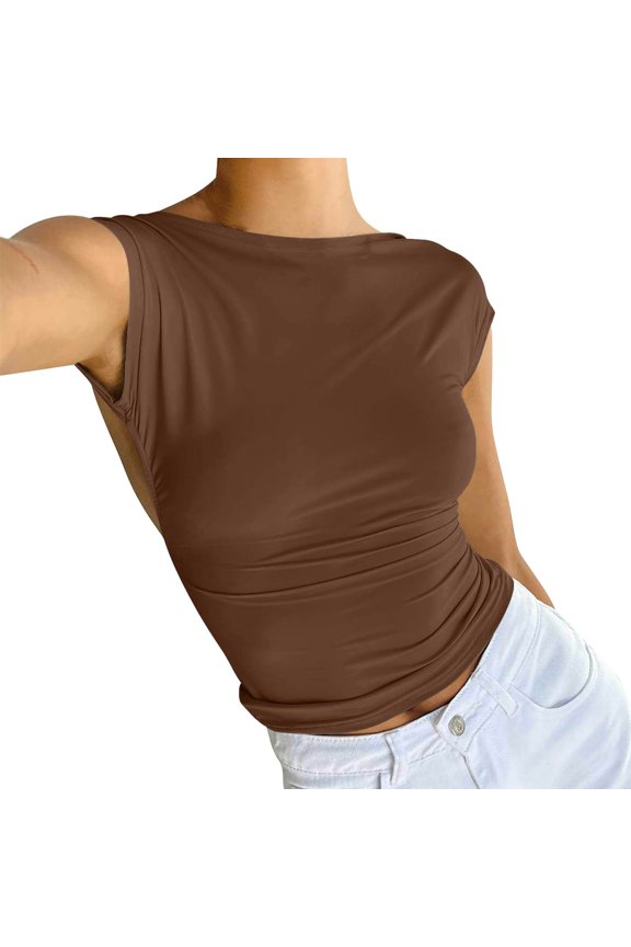 Sleeveless Tops for Women Crop Tops for Women Funnel Neck Crop Backless Short Sleeve Crop Crew Neck Crop Tee Summer Sleeveless Tops for Women Womens Blouses Casual E S