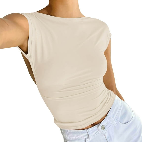 MESSUEN Sleeveless Tops for Women Crop Tops for Women Funnel Neck Crop Backless Short Sleeve Crop Top Fit Crew Neck Crop Tee Women's Shirts Blouses Dressy Shirts for Women A L