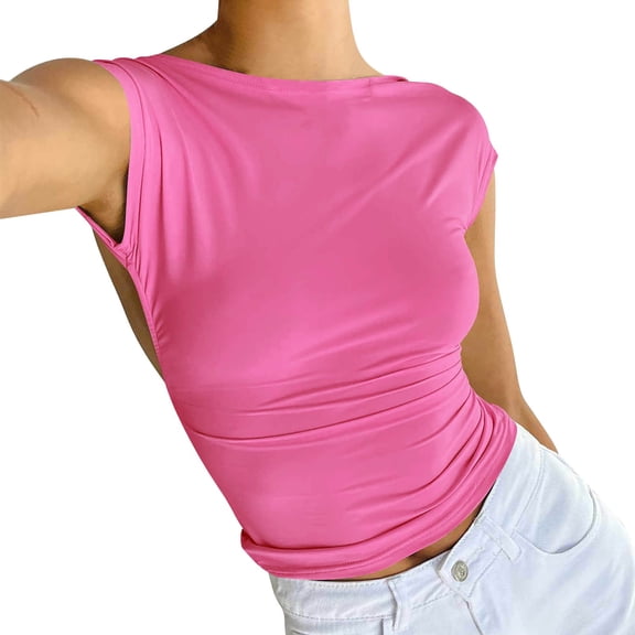 MESSUEN Sleeveless Tops for Women Crop Tops for Women Funnel Neck Crop Backless Short Sleeve Crop Top Fit Crew Neck Crop Tee Womens Summer Blouses Ladies Tops and Blouses I S