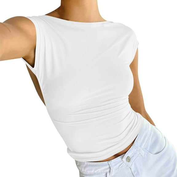 MESSUEN Sleeveless Tops for Women Crop Tops for Women Funnel Neck Crop Women Backless Short Sleeve Crop Top Fit Crew Neck Crop Tee Shirts Women Blouses Summer White XS
