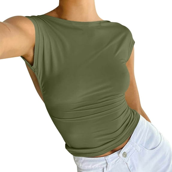 MESSUEN Sleeveless Tops for Women Crop Tops for Women Funnel Neck Crop Women Backless Short Sleeve Crop Top Fit Crew Neck Crop Tee Women's Shirts Summer Shirts for Women J S