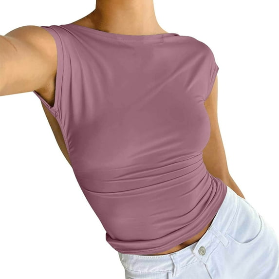 MESSUEN Sleeveless Tops for Women Crop Tops for Women Funnel Neck Crop Women Backless Short Sleeve Crop Top Fit Crew Neck Crop Tee Womens Basic Tee Shirts Women Top L L