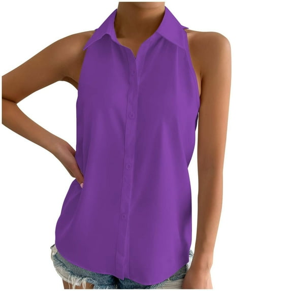 MESSUEN Sleeveless Tops for Women Loose Tops for Women Mock Neck Raglan Button Down Shirt Sleeveless Basic Casual Solid Color Shirt Top Blouses for Women Dressy Shirts for Women Purple S