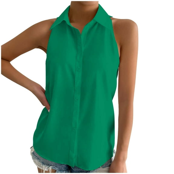 MESSUEN Sleeveless Tops for Women Loose Tops for Women Mock Neck Raglan Button Down Shirt Sleeveless Basic Casual Solid Color Shirt Top Women’s Blouses Summer Blouses for Women Green M