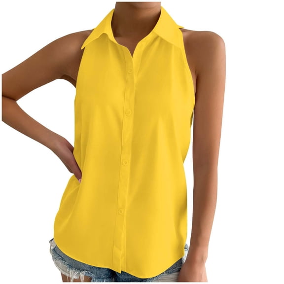 MESSUEN Sleeveless Tops for Women Loose Tops for Women Mock Neck Raglan Button Down Shirt Sleeveless Basic Casual Solid Color Summer Shirt Top Women Blouses Summer Basic Tops Yellow 2XL