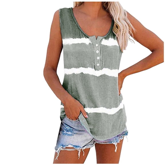 MESSUEN Sleeveless Tops for Women Stripe Tops for Women Crew Neck Raglan Tie-dye Scoop Neck-henley Shirts Loose Casual Sleeveless Tank Tops Basic Womens Tops Womens Blouses Casual Gray 3XL