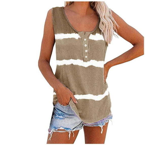 MESSUEN Sleeveless Tops for Women Stripe Tops for Women Crew Neck Raglan Tie-dye Scoop Neck-henley Shirts Loose Casual Tank Tops Womens Sleeveless T Shirts for Women Khaki L