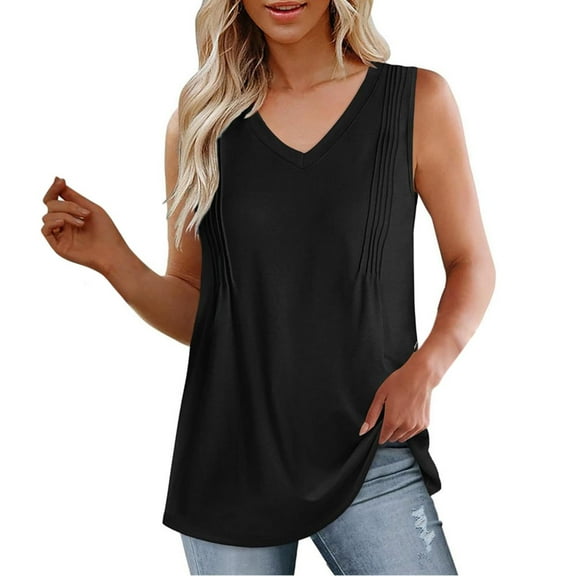MESSUEN Sleeveless Tops Women Tank Tops Loose Fit V-neck Raglan Pleated Tank Tops for Women 2024 Loose Fit V Neck Tops Flowy Basic Tees for Women Sleeveless Tshirts for Women Black L