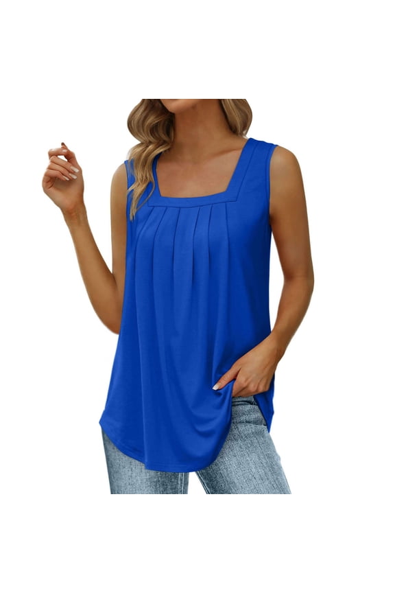 Sleeveless Tops for Women Womens Tank Tops Loose Fit Square Neckline Raglan Pleated Square Neck Top Curved Large Size Top Womens Shirts Women's Fashion Blue 2XL