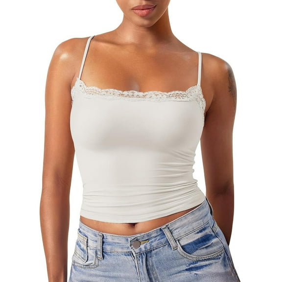 MESSUEN Spaghetti Strap Crop Top Cropped Tops Square Neckline Camisole Lace Double Lined Tank Spaghetti Strap Club Shirt Square Neck Vest Basic Tops for Woman Ladies Blouses Beige L