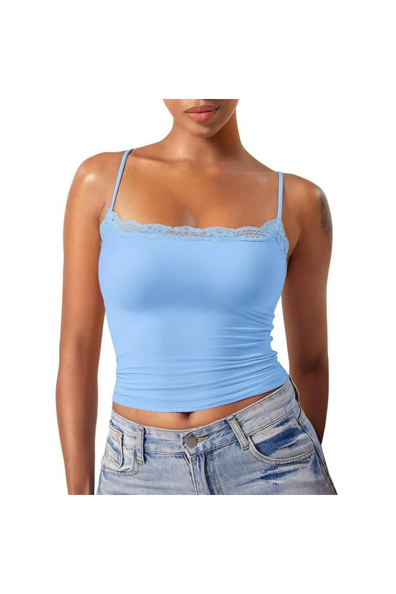 Spaghetti Strap Crop Top Cropped Tops Square Neckline Camisole Lace Double Lined Tank Spaghetti Strap Club Shirt Square Neck Vest Women's Blouses Dressy Casual Summer Tops Light Blue L