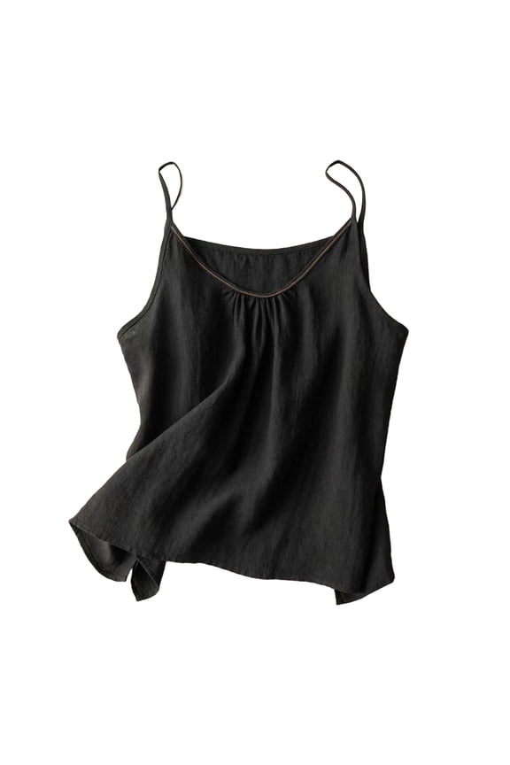 Spaghetti Strap Tank Top Loose Tank Tops for Women Crew Neck Camisole Pure Linen Base Wear Art Retro Thin Strap Ladies Tops and Blouses Women Tops Summer Black XL