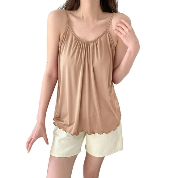 MESSUEN Spaghetti Strap Tank Top Silk Pajamas for Women Crew Neck Chemise Solid Round Neck Suspender Loose Vest Pajama Pullover Tank Top Sleeveless Tees for Women’s Tops Beige L