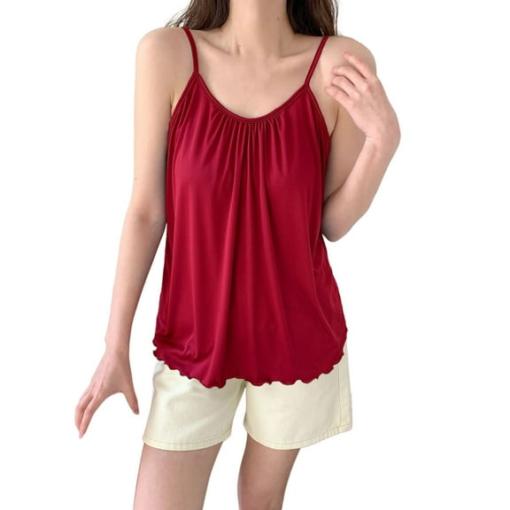 MESSUEN Spaghetti Strap Tank Top Silk Pajamas for Women Crew Neck Chemise Solid Round Neck Suspender Loose Vest Pajama Pullover Tank Top Tops for Women Summer Womens Summer Tops Red 2XL