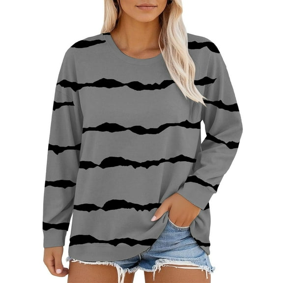 MESSUEN Striped Shirt Women Comfort Sweatshirt Fall Shirts for Women Sweatshirts Women Womens Top Ladies Tops Women's Tops Gray 2XL