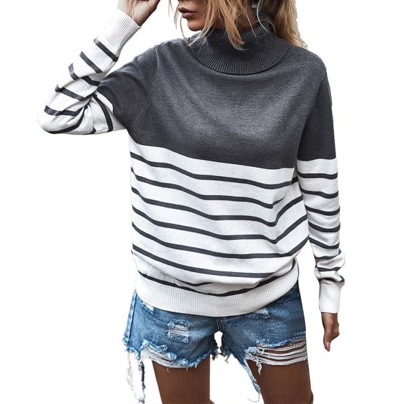 MESSUEN Striped Sweater Turtleneck Sweater Women Thermal Sweater for Women Sweater Women's Sweater Women Sweaters Woman Long Sleeve Tops Gray L
