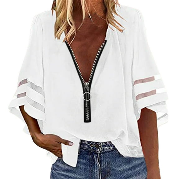 MESSUEN T Shirts for Women Loose Fit Long Crop Top for Women V-neck Raglan Loose Zipper Shirt Half Flared Sleeve Mesh Stitching Tunic Pullover Tees Womens Tees T-shirts for Women White M
