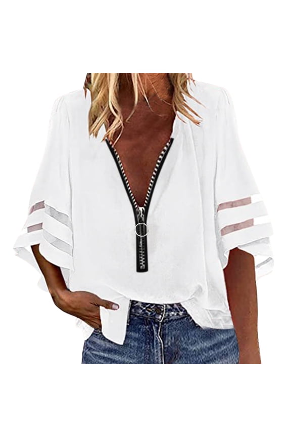 T Shirts for Women Loose Fit Long Crop Top for Women V-neck Raglan Loose Zipper Shirt Half Flared Sleeve Mesh Stitching Tunic Pullover Tees Womens Tees T-shirts for Women White 2XL