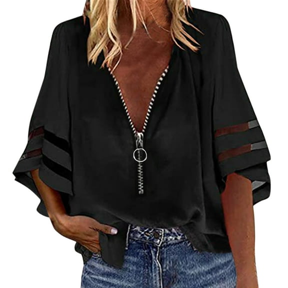 MESSUEN T Shirts for Women Loose Fit Long Crop Top for Women V-neck Raglan Loose Zipper Shirt Half Flared Sleeve Mesh Stitching Tunic Pullover Tees Womens Tees T-shirts for Women Black M
