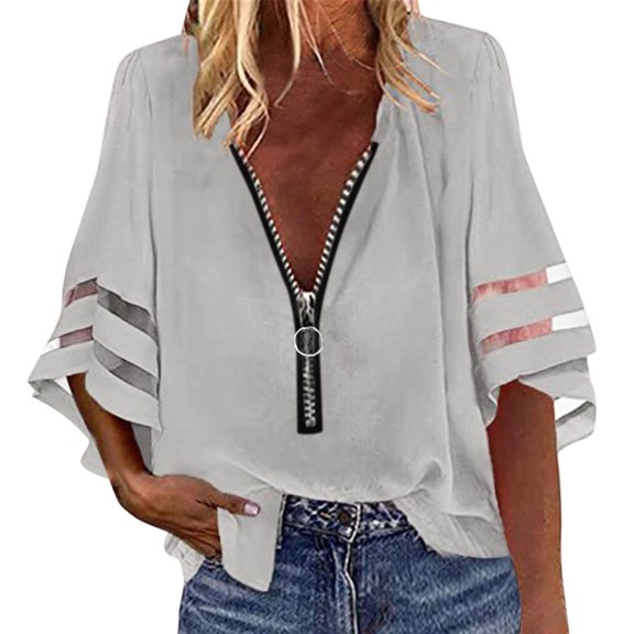 MESSUEN T Shirts for Women Loose Fit Long Crop Top for Women V-neck Raglan Loose Zipper Shirt Half Flared Sleeve Mesh Stitching Tunic Pullover Tees Womens Tees T-shirts for Women Gray M