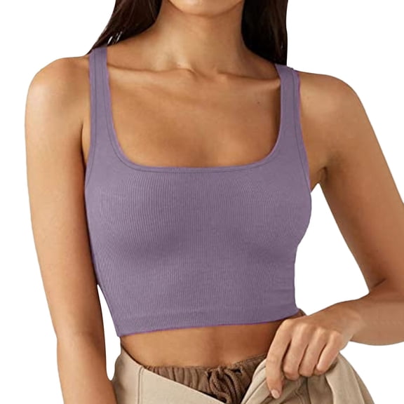 MESSUEN Tank Top for Women Ribbed Tank Tops for Women Square Neckline Crop New European and Solid Color Trend Thread Short Vest Basic Tank Tops for Womenâs Tops Purple M