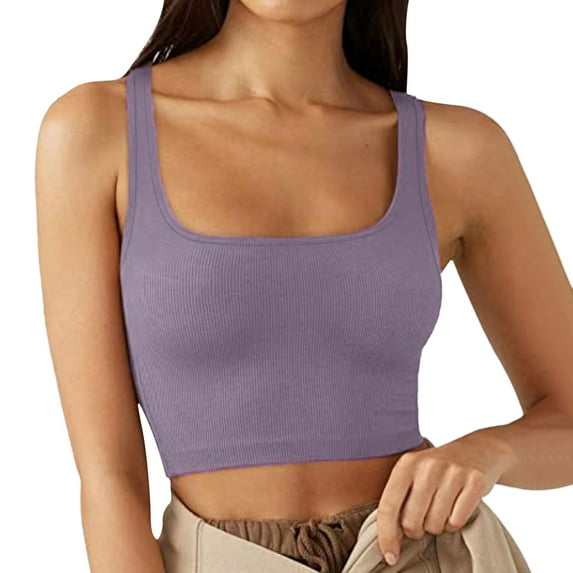 MESSUEN Tank Top for Women Ribbed Tank Tops for Women Square Neckline Crop New European and Solid Color Trend Thread Short Vest Womens Shirts Dressy Casual Women's Fashion Purple L