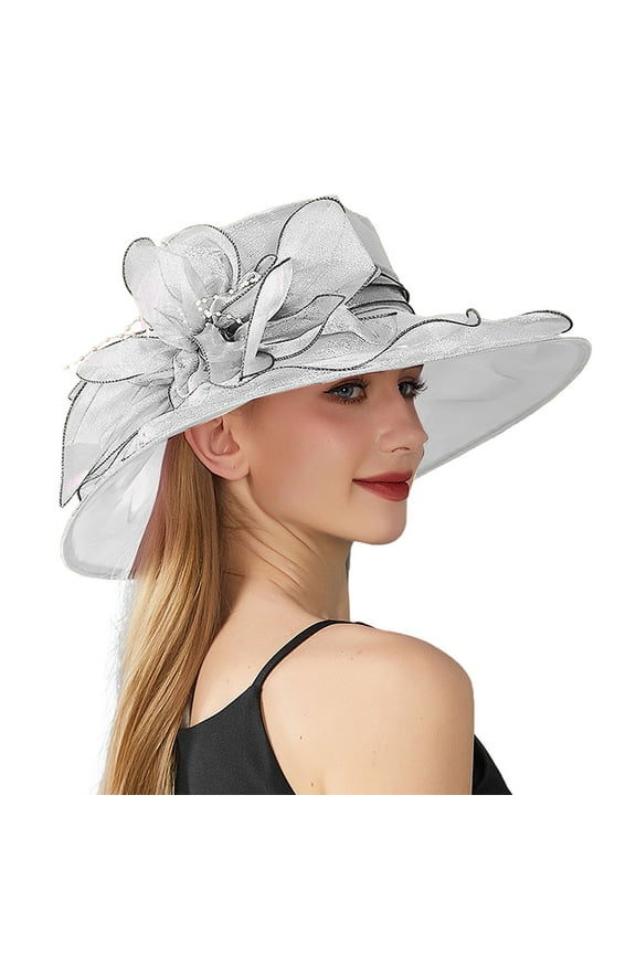 Top Hat Party Hat Church Hats for Women's Solid Color Big Flower English Lady Elegant Temperament Sun Hat Wide Brim Hats for Women Sun Hat for Women White One Size