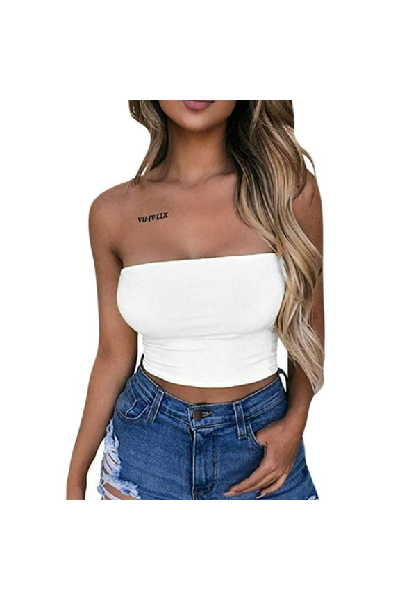 Tube Tops Midriff Tops for Women's T Shirts Vest Casual Solid Color T Shirt Casual Off Shoulder Tee Tops Dressy Summer Tops for Women Womens Shirts Dressy Casual White S