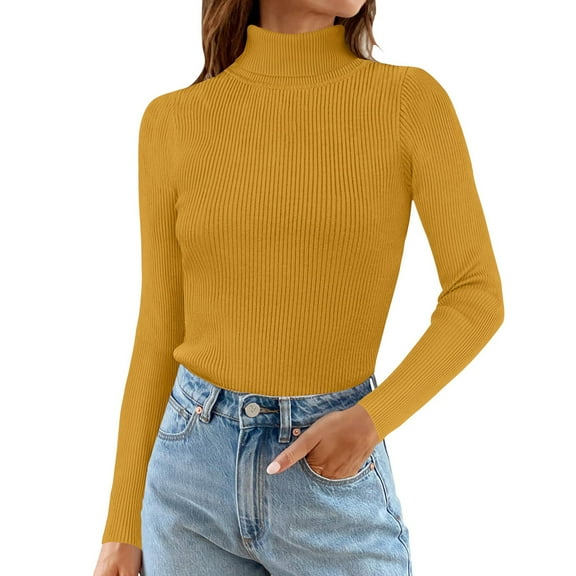 MESSUEN Turtleneck Sweater Women Ribbed Long Sleeve Tops for Women Long Sleeve Sweaters for Women Basic Crop Top Women Sweater Casual Shirts for Women's Shirts Blouses Yellow One Size