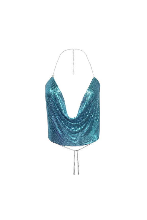 Women Halter Top Sequin Tank Top Cowl Neck Crop Print Chain Clothes Beading Adjustable Backless Halter Crop Club Vintage Tank Tops Womens Dress Shirts Women Summer Tops Sky Blue S