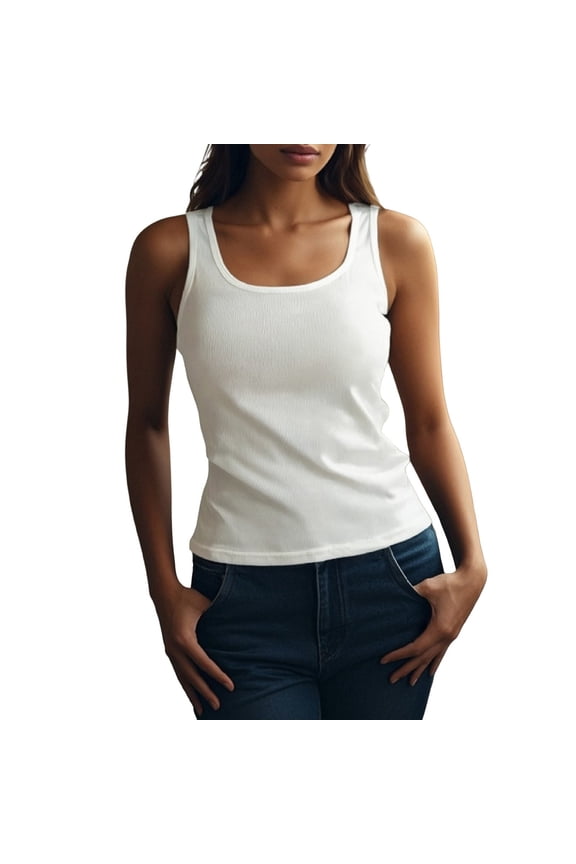 Women Tank Tops Ribbed Tank Top Crew Neck Camisole Sleeveless Cotton Tank Top Form Fitting Neck Ribbed Knit Basic Shirts Women Blouses Dressy Casual Womens Tops Dressy White 2XL