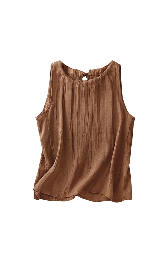 Women's Sleeveless Tops Loose Tops for Women Crew Neck Raglan Pleated Tense Literary Retro Cotton Linen Loose for Suspender Summer Shirts Casual Blouses for Women Brown L