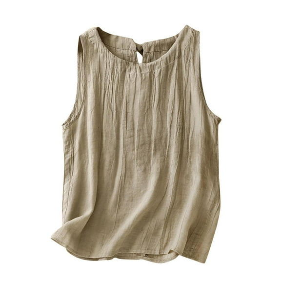 MESSUEN Women's Sleeveless Tops Loose Tops for Women Crew Neck Raglan Pleated Tense Literary Retro Cotton Linen for Suspender Blouses for Women Casual Summer Shirts for Women Beige L
