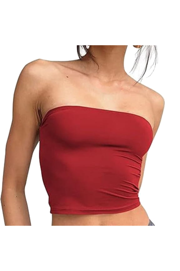 Women's Tube Top Fitted Tank Tops for Women Tops Casual for Crop Going Out Strapless Tank Bandeau Outfits 2024 Basic Tees for Women's Blouses Dressy Casual Red L