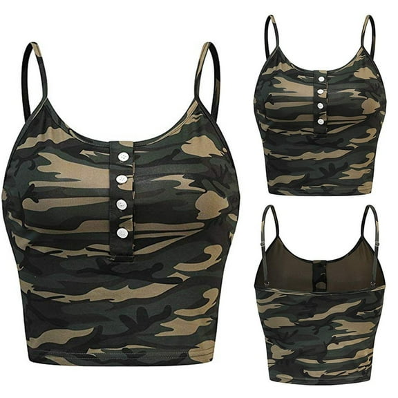 MESSUEN Womens Camisole Tank Tops Camo Tops for Women Scoop Neck Camisole O-neck Button Up Casual Camouflage Print Vest Cami Tank Top Womens Basic Tee Shirts Women's Shirts Army Green M