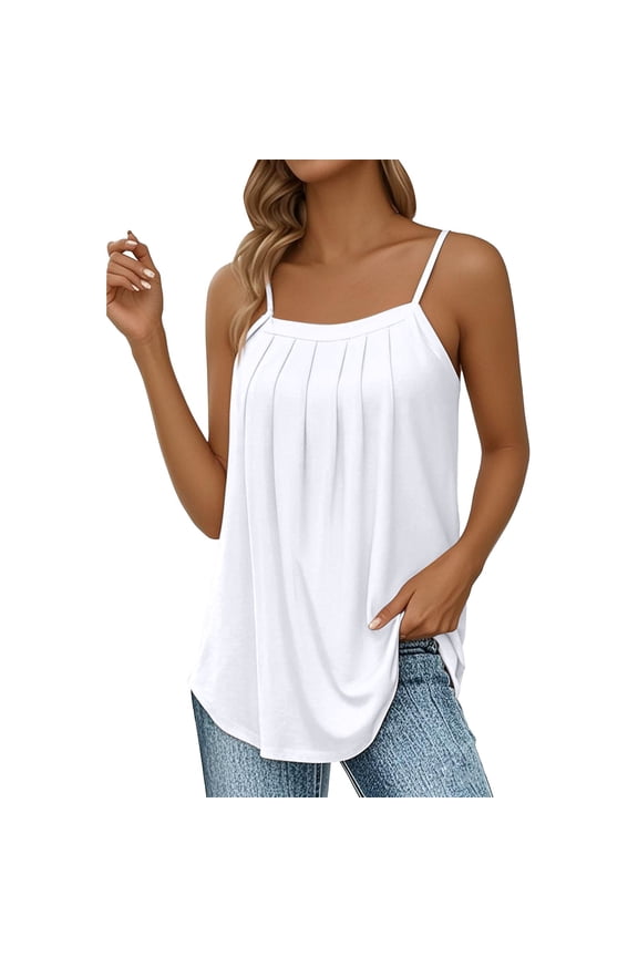 Womens Camisole Tank Tops Women Tank Tops Loose Fit Square Neckline Camisole Pleated Curved Flowy Cotton Tee Blouses for Women Casual Sleeveless T Shirts for Women White S