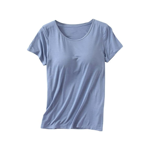 MESSUEN Womens Cropped Tshirt Tops with Built in Bra for Women Crew Neck Muscle Yoga Gym Tank Strap Padded Undershirts Cotton Seamless Sleeping Bra Ladies T Shirts Women T Shirt Light Blue 3XL