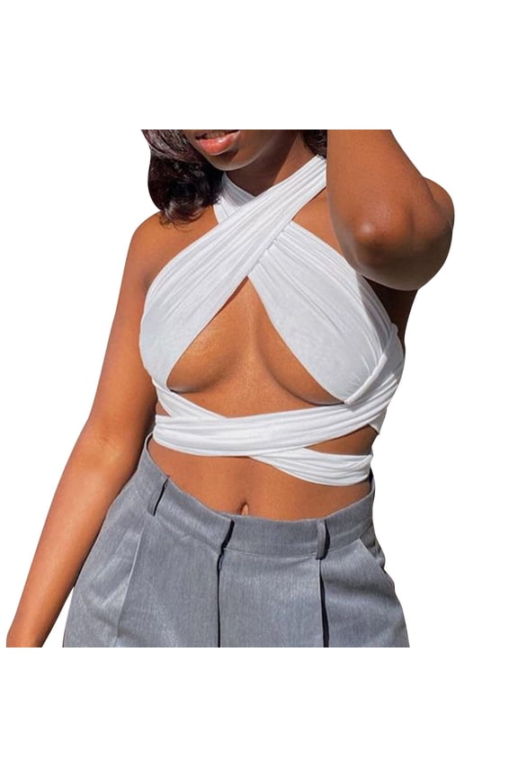 Womens Halter Tops Criss Cross Halter Top Halter Crop Ribbed Backless Crop Ruffle Strappy Camisole Cropped Tank Casual Blouses for Women Womens Summer Tops Dressy Casual White M