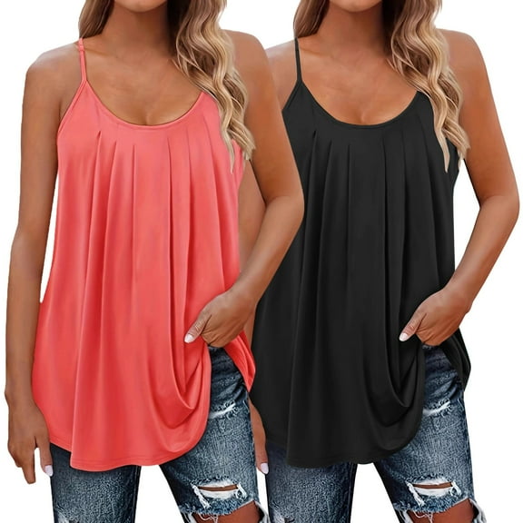 MESSUEN Womens Spaghetti Strap Tank Top Women's Tank Tops Loose Fit Crew Neck Camisole Pleated Shirt Strap Fit Tank Fashion Shirt Women's Casual Tank Tops Woman Shirts Hot Pink L