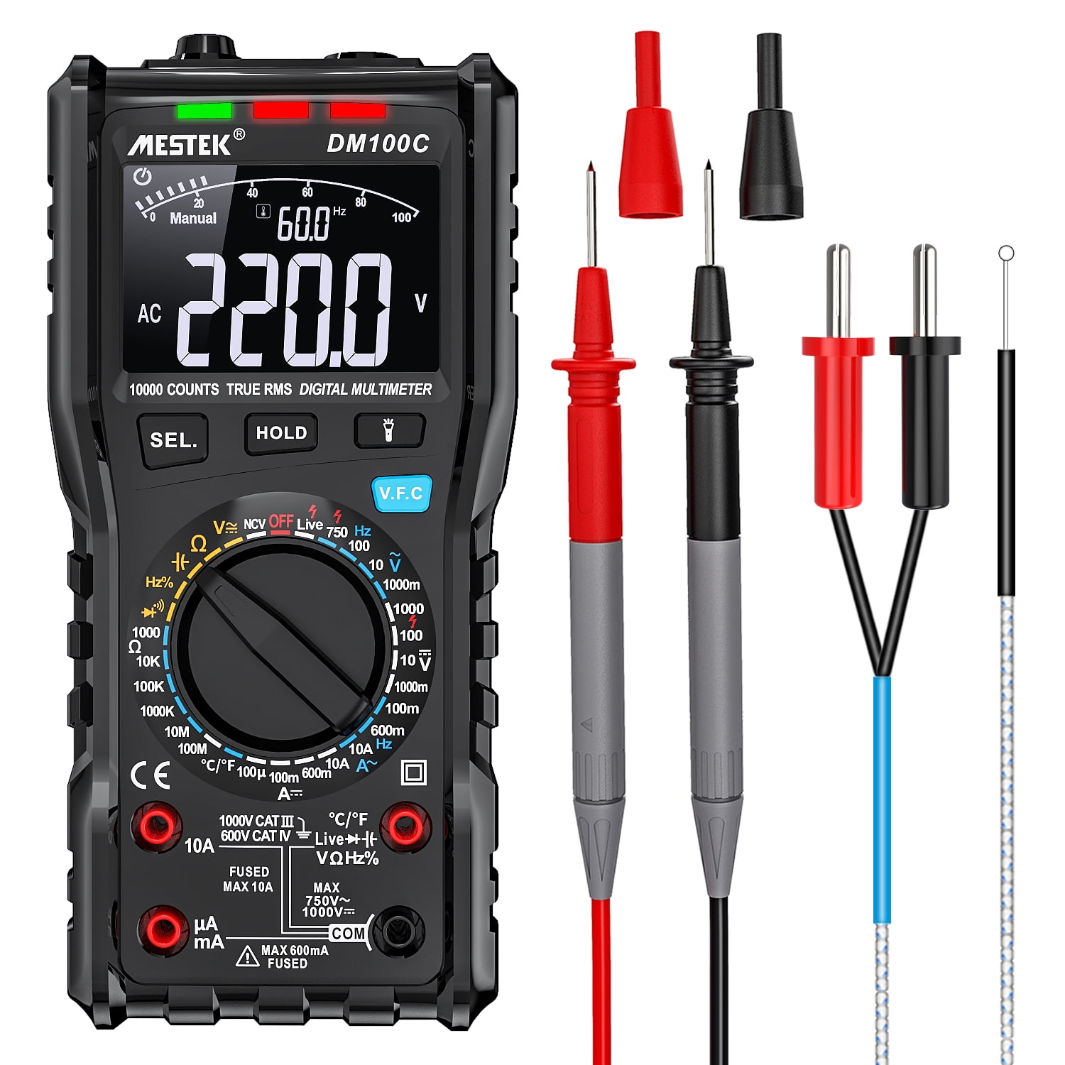 MESTEK DM100C Digital Multimeter Button 10000 Count Multitester Analog Bar Graph AC/DC Voltage Ammeter Current Ohm Manual/Auto True-RMS Multimeter with Temperature Probe