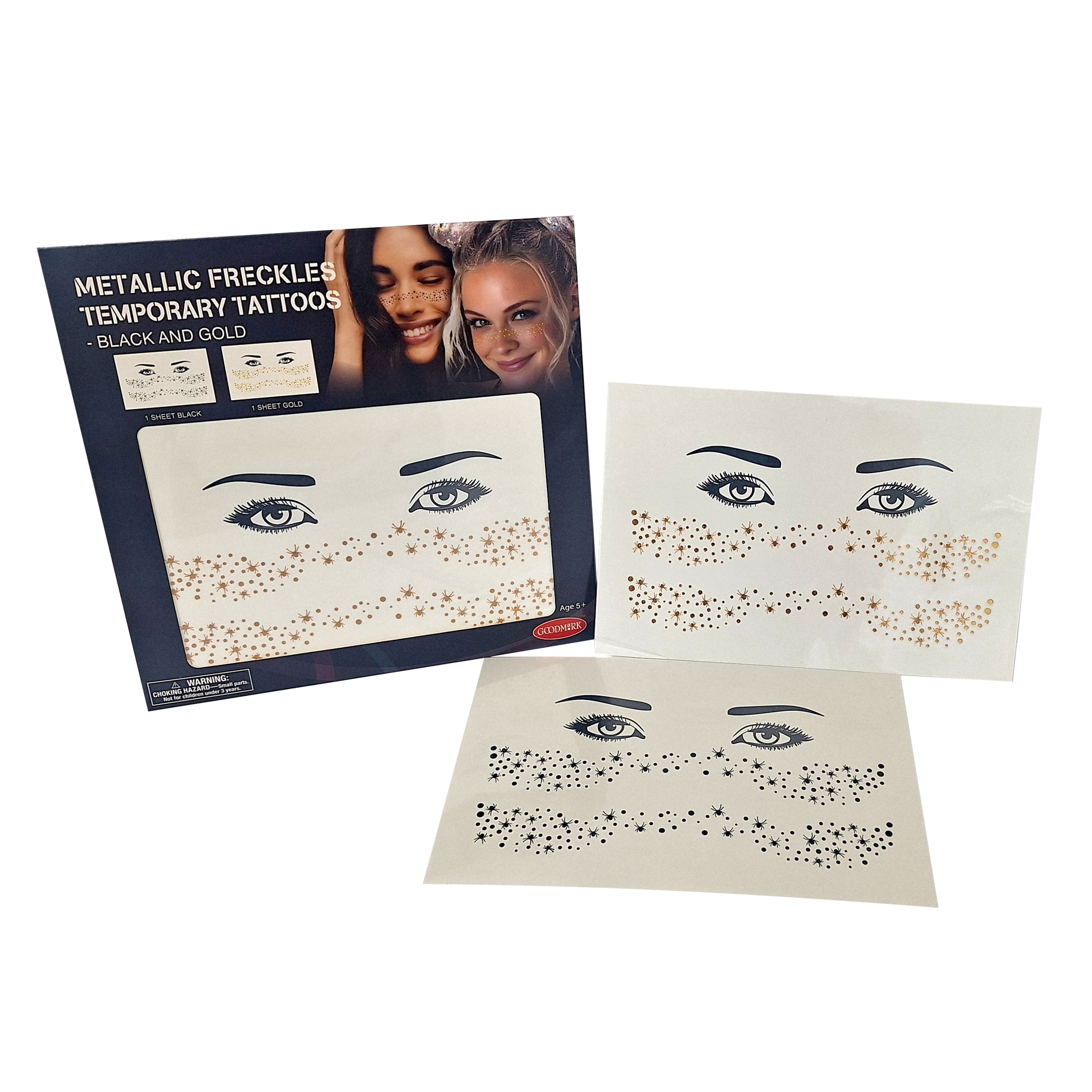 Halloween Makeup, Metallic Freckles Temporary Tattoos - Gold and Black Adhesive Body Art, by Goodmark