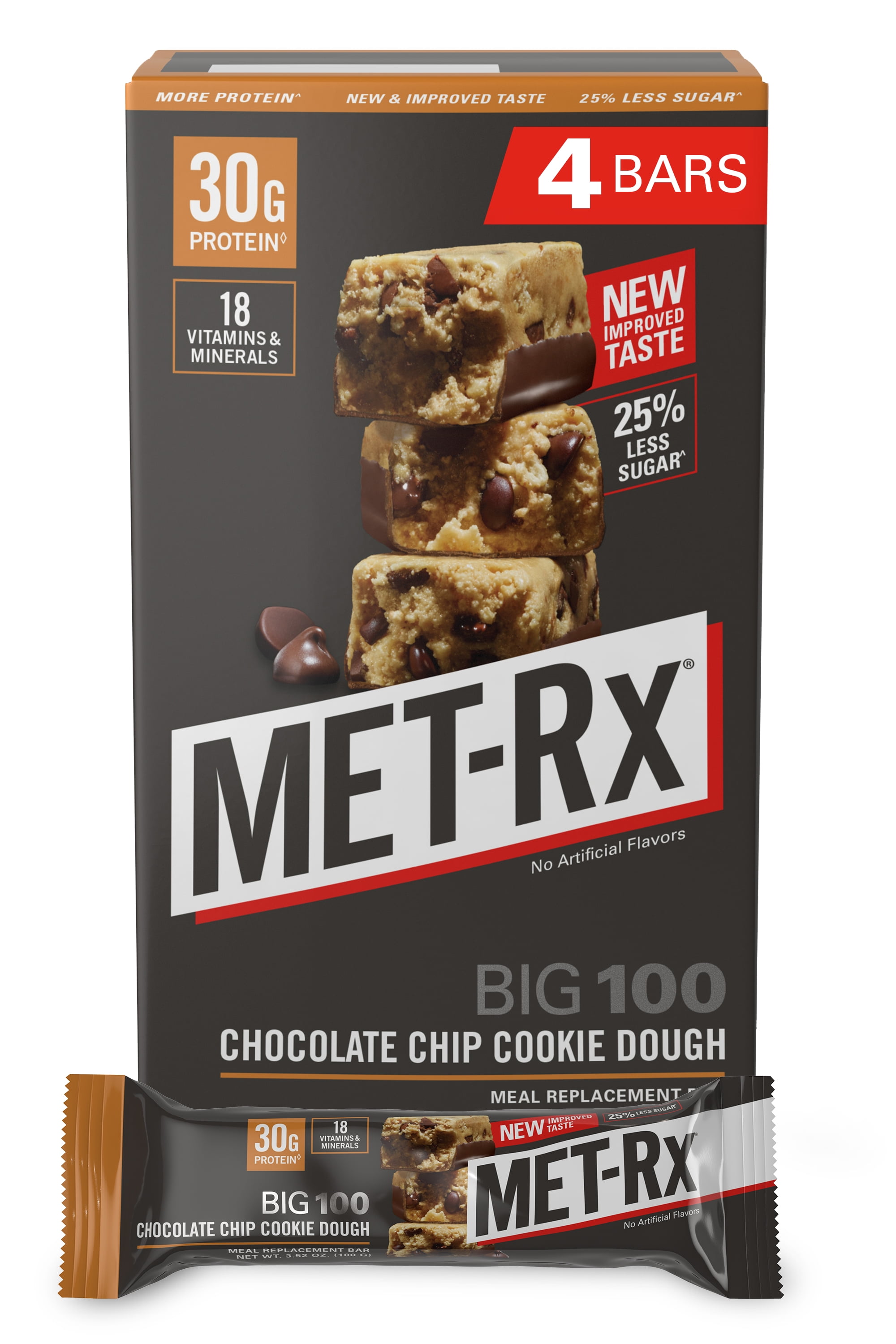 MET-Rx Big 100 Chocolate Chip Cookie Dough, 30 g Protein, 3.52 oz, 4 ct