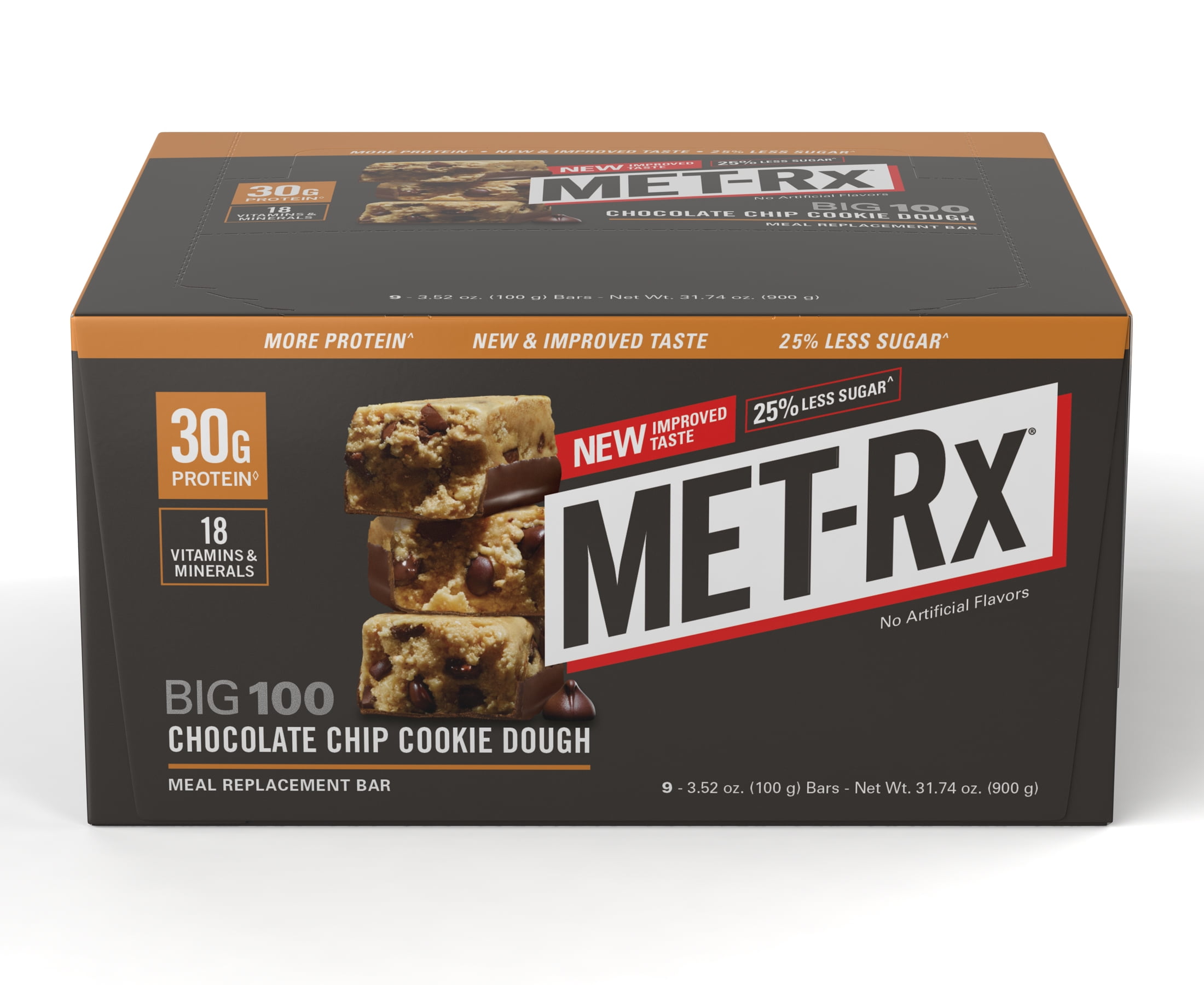 MET-Rx--Big 100 Chocolate Chip Cookie Dough Protein Bar--Protein Meal Replacement Bar--28g of Protein Per Bar--100g Bars, 9 Count