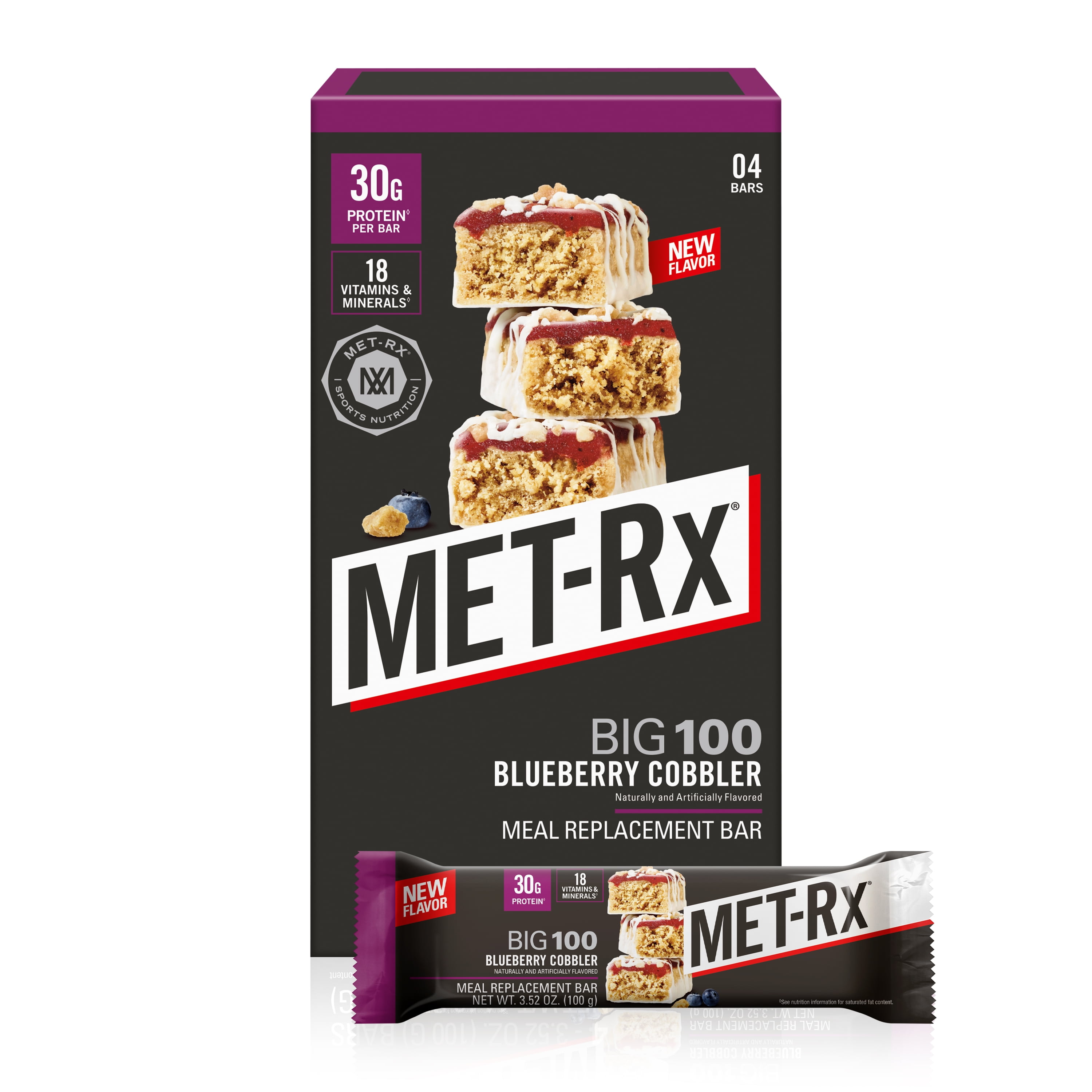 MET-Rx Big 100 Protein Bars, Blueberry Cobbler Meal Replacement Bars, 4 Ct