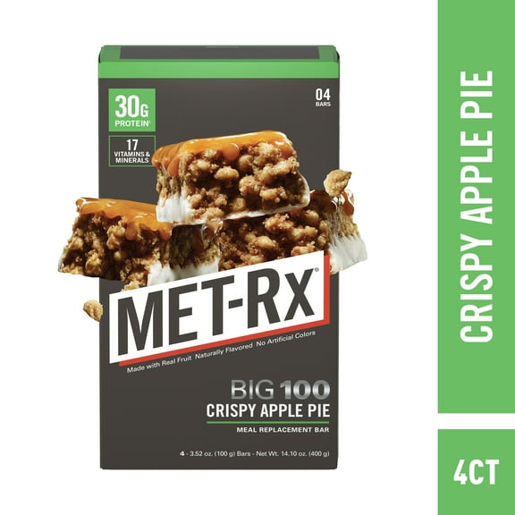MET-Rx Big 100 Colossal Protein Bars, Crispy Apple Pie Meal Replacement Bars, 4 Ct