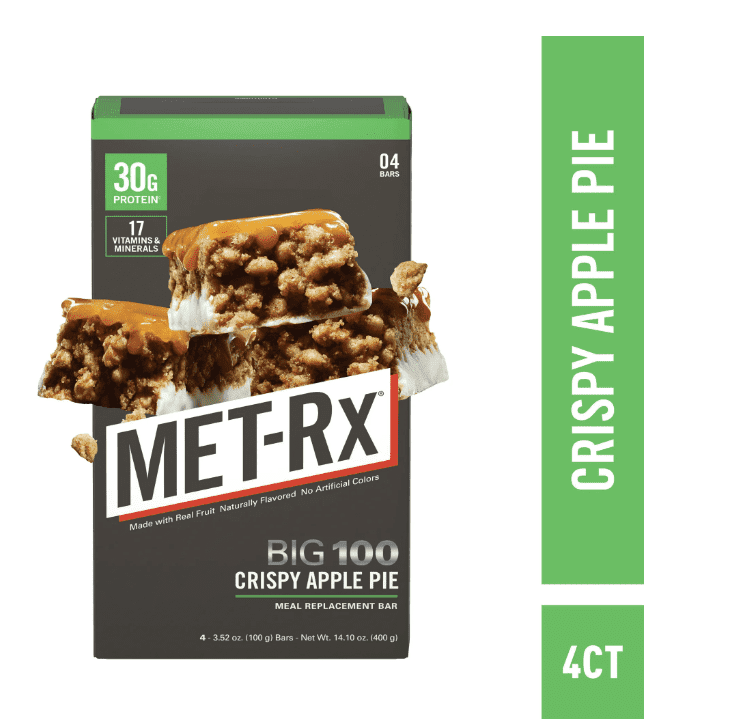 MET-Rx Big 100 Colossal Protein Bars, Crispy Apple Pie Meal Replacement Bars, 4 Ct