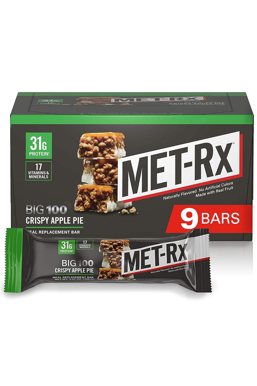 MET-Rx Big 100 Colossal Protein Bars, Crispy Apple Pie Meal Replacement Bars, 9 Count