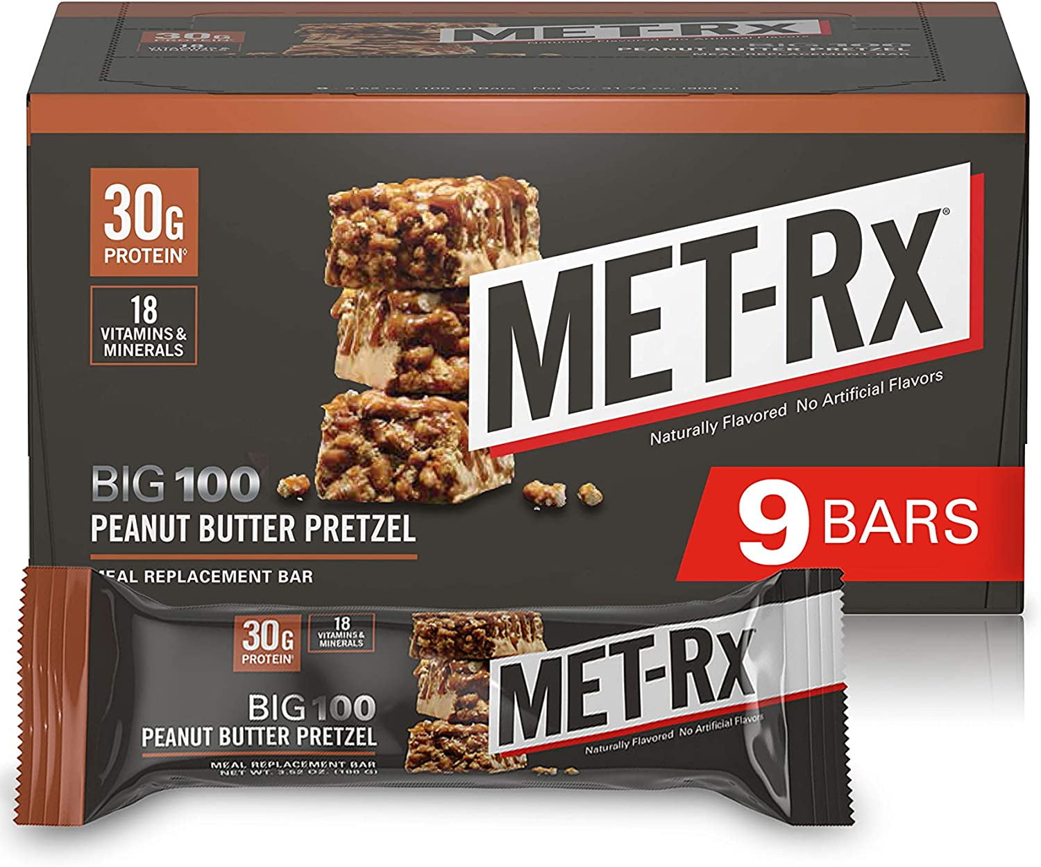 MET-Rx Big 100 Colossal Protein Bars, Great as Healthy Meal Replacement, Snack, and Help Support Energy, Peanut Butter Pretzel, With Vitamin A, Vitamin C, and Zinc, 100 g, 9 Count